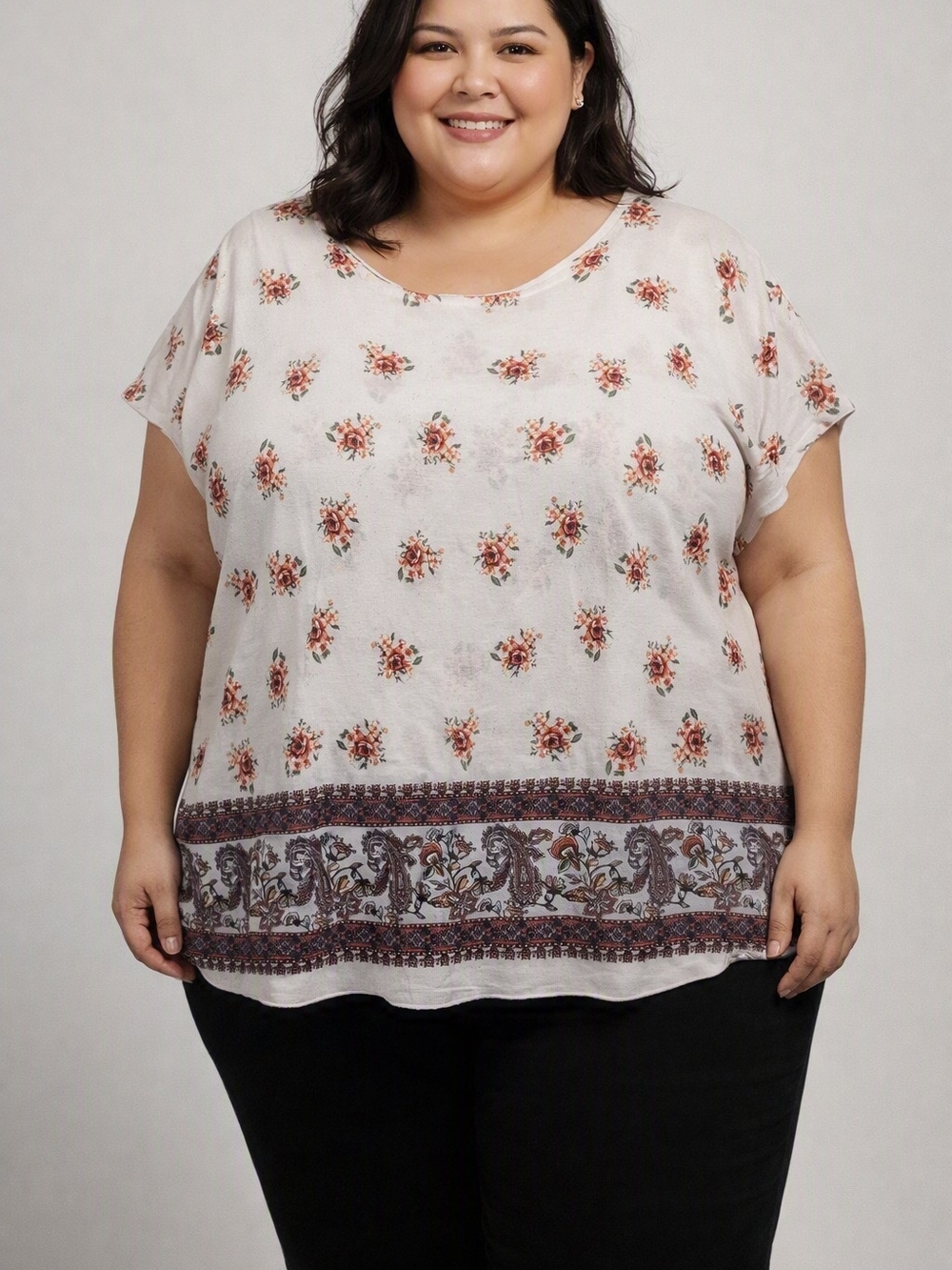 Floral Border Short-Sleeve Women’s Top - White